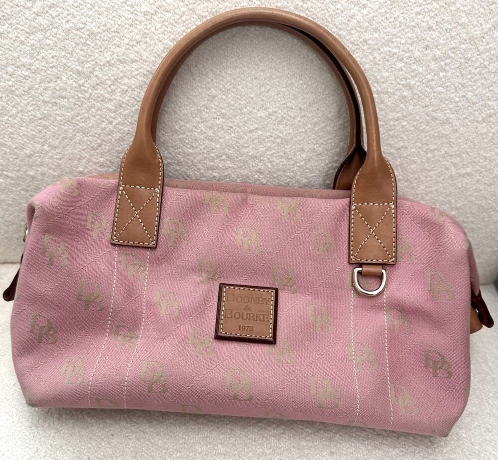 Y2K Dooney & Bourke Satchel Handbag Pink Logo Canvas Tan Leather